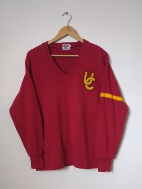 Vintage Varsity V-neck Sweater Red and Yellow